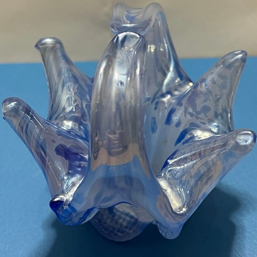 Rossi Hand Blown Iridescent Blue Canadian Art Glass Flower Shaped Handled Basket